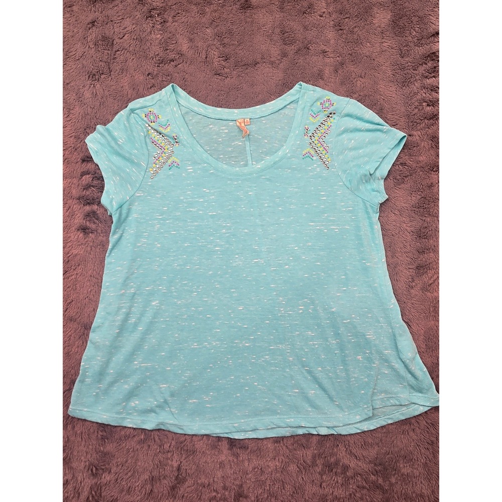 Red Camel Womens Embellished Short Sleeve Tee Turquoise Blue Space Dye Medium